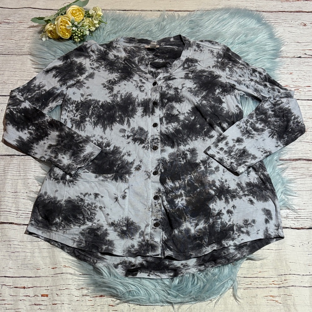 LOGO by Lori Goldstein Black and Gray Tie Dye Button Down Shirt sz S